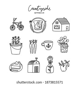 Countryside romance vector doodles collection about farm, fresh vegetables, cozy home, outlined icons set, isolated on white