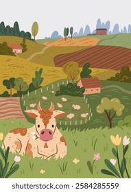 Countryside or rural area, village landscape with hills and meadows, houses and cattle. Cute cow with bell grazing, scene of idyllic nature. Vector illustration in flat cartoon style