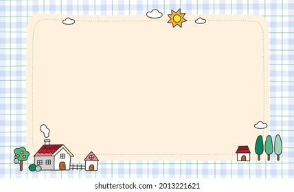 Countryside Rural Cottage Cute House Pine Tree Palm Tree Orange Tree Sun Cloud Mountain Scene Outline Flat Cartoon Illustration Vector Paper Background Frame Border. Blank note Vector Illustration.