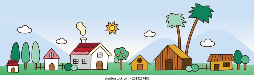 Countryside Rural Cottage Cute House Pine Tree Palm Tree Orange Tree Sun Cloud Mountain Scene Outline Flat Cartoon Illustration Vector. Editable Stroke.