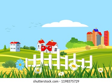 Countryside rural green meadow vector landscape, cityscape, village houses