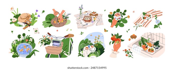 Countryside rural set. Bicycle, flowers in basket, picnic, garden table, tea in hand. Cozy cottagecore aesthetic, style, mood. Summer nature. Flat vector illustrations set isolated on white background