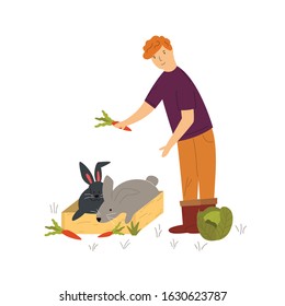 Countryside scene with a farmer feeding cute rabbits. Vector illustration of a rural life