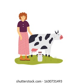Countryside scene with a farmer girl taking care of cow. Vector illustration of a rural life