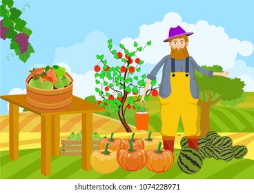 Countryside scene, farmland, farmer  with the fruits of one's labor,  village scene, grape, pumpkins, watermelon summer time vector landscape, agriculture theme