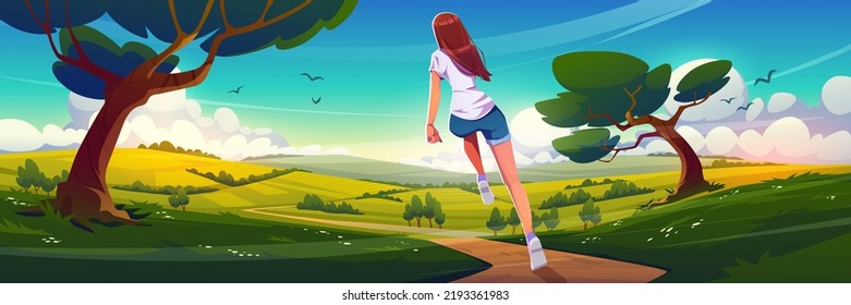 Escena campestre con muchacha corre por la carretera. Paisaje veraniego con campos agrícolas, árboles, hierba verde y retrovisión de las niñas corriendo, ilustración de caricaturas vectoriales