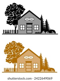 Countryside scene with house, trees, fence and flowers in two color options. Vector illustration