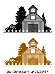 Countryside scene with house, trees, fence and flowers in two color options. Vector illustration