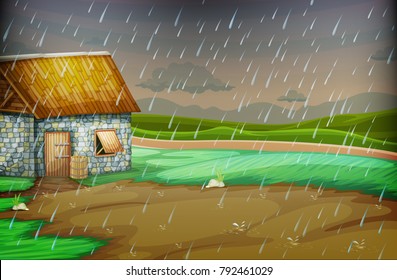 Escena campestre con cabaña pequeña en la ilustración de la lluvia