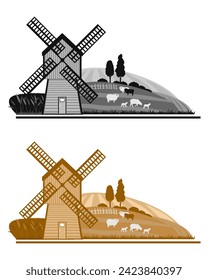 Escena rural con molino, oveja, árboles y campos en dos opciones de color. Ilustración del vector