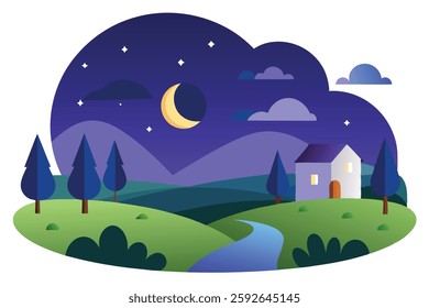 Countryside Scene at Night with Moon - Nature Background Vector Illustration

