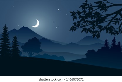 Countryside Scene At Night Time With Moon