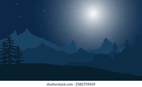 Countryside scene at night time with moon. row of mountains, hills and a tree. mountain range at night flat design landscape. night scenery