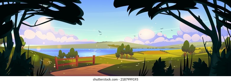 Countryside Scene With River, Agriculture Fields, Road And Trees Silhouettes In Morning. Summer Rural Landscape With Lake, Green Meadows, Gardens, Path And Fence