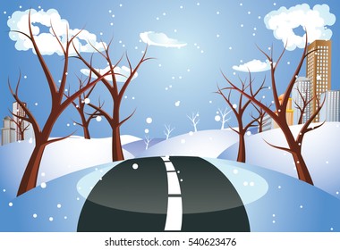 Countryside scene with road to the city at winter time.