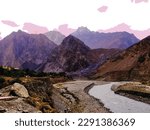 Countryside scene ,village river and mountains is a wonderful animal nature photo painting ,great for decoration ,textile and fabric print ,book cover ,gift card and different web and print purposes