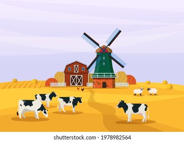 Countryside scene with windmill, barn and agriculture field. Cows and sheep graze in the meadow. Farm landscape. Vector illustration in flat style
