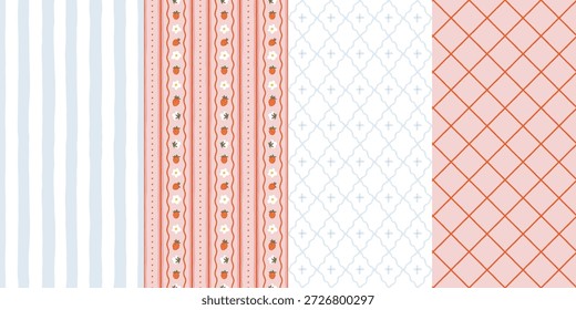 Padrão sem emenda do campo definido com morangos, flores e elementos rústicos da fazenda na estética cottagecore. Papel de embrulho decorativo e fundos têxteis