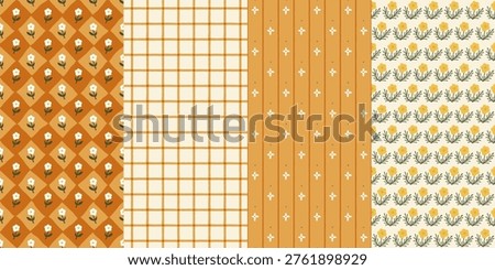 Countryside seamless patterns set with floral motifs, checkered grid, and stripes in mustard yellow and ochre tones. Decorative wrapping paper and textile backgrounds