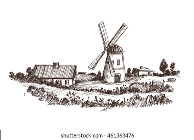 Countryside sketch with windmill. Vector illustration