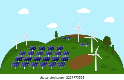 Campo con paneles de baterías solares y turbinas eólicas, vector