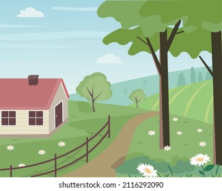Countryside spring landscape with trees, flowers and house.