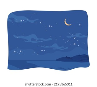 Countryside starry sky with celestial bodies, full moon and clouds. Mountains and lake, park scenery of pristine nature. Hill to observe milky way and planets. Vector in flat style