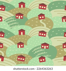 Countryside suburban village on hilly terrain seamless pattern.