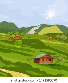 Countryside summer green fields Vector flat styles. Rustic provence house