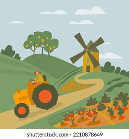 Countryside in summer. Land used primarily for the production of plant or animal crops. Agriculturally used areas. Ranch access roads. Editable isolated vector illustration in a flat style.