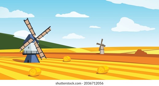 Countryside summer landscape with windmills and fields of ripe golden wheat, flat vector illustration. Land and scenery of rural agricultural landscape.