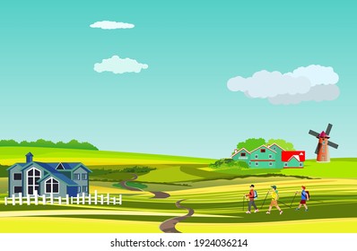 Countryside in summer season, tourists walks, valley, houses, mills, vector landscape