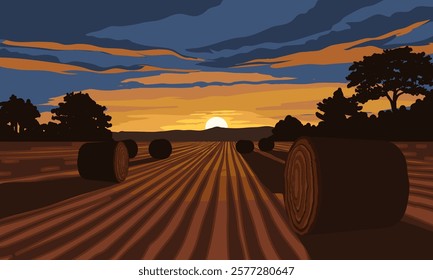 Countryside sunset landscape with agricultural field and hays