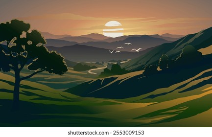 Countryside sunset scenery with hills and mountains