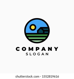 Countryside with sunshine illustration for logo template design.