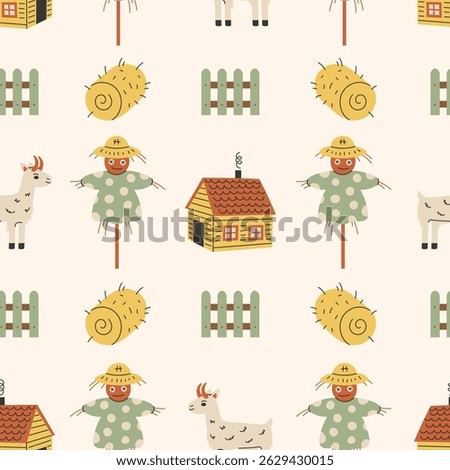 Countryside symbols Seamless Pattern. Rustic Cottagecore background with Farmhouse haystack fence scarecrow goat. Rural Cottage Life vector illustration
