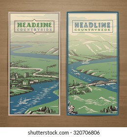 Countryside theme vector card design with landscape of fields, rivers, hills  and small towns and bridges. Brochure, flyer, booklet, postcard template for product promotion and advertising