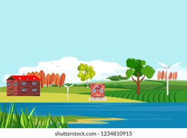 Countryside theme vector illustration, river, houses, village.