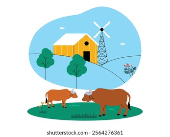 Countryside there is a house complete with a windmill behind it surrounded by green hills and some trees, there are two cows in the green meadow, ecosystem vector illustration.