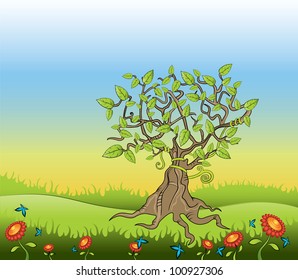countryside with tree and meadow in bloom