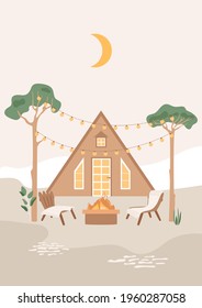 Countryside triangle house with lounge wooden chairs, fireplace on court or back yard. Light bulbs on the trees. Street decoration. Suburban scene, vacation, weekend concept. Landscape illustration