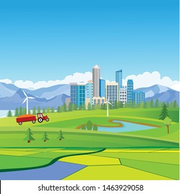  Countryside and Urban landscape  city buildings, towers . town and clouds in the sky. vector
