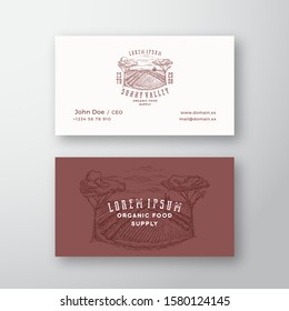 Countryside Valley Abstract Vector Sign or Logo and Business Card Template. Hand Drawn Rural Farm Landscape Sketch with Retro Typography. Premium Stationary Realistic Mock Up. Isolated.