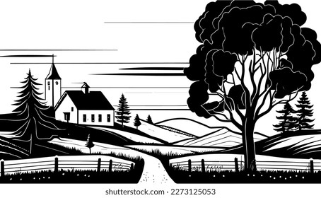 Countryside vector black line illustration isolated white. Sketch art
