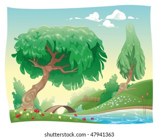 Countryside. Vector and cartoon landscape. Objects isolated.
