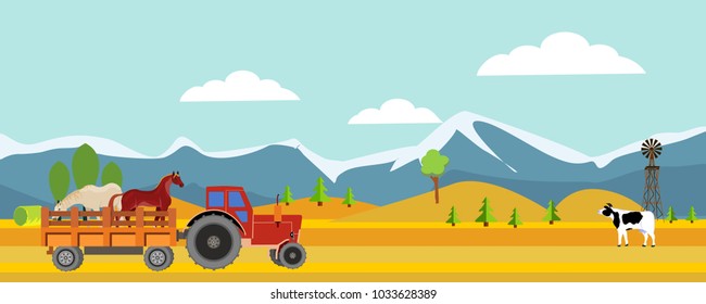 Countryside vector horizontal panoramic illustration, tractor with horses, mountains and hills in background