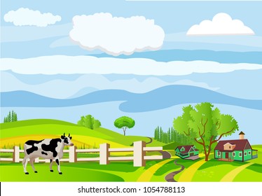 Countryside vector illustration, cows and farm houses on green hills, farm hence, outdoor concept