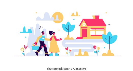 Countryside vector illustration. Flat tiny rural ranch area person concept. Classical cottage outside town or city. House property with land and grass. Outdoor environment for healthy and calm holiday