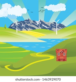 Countryside vector illustration, house on the green hills, lake in hills, highland, outdoor vector
