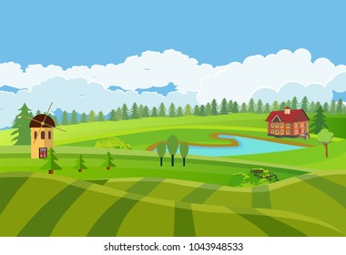 Countryside vector illustration, houses on the green hills, farm, lake outdoor vector